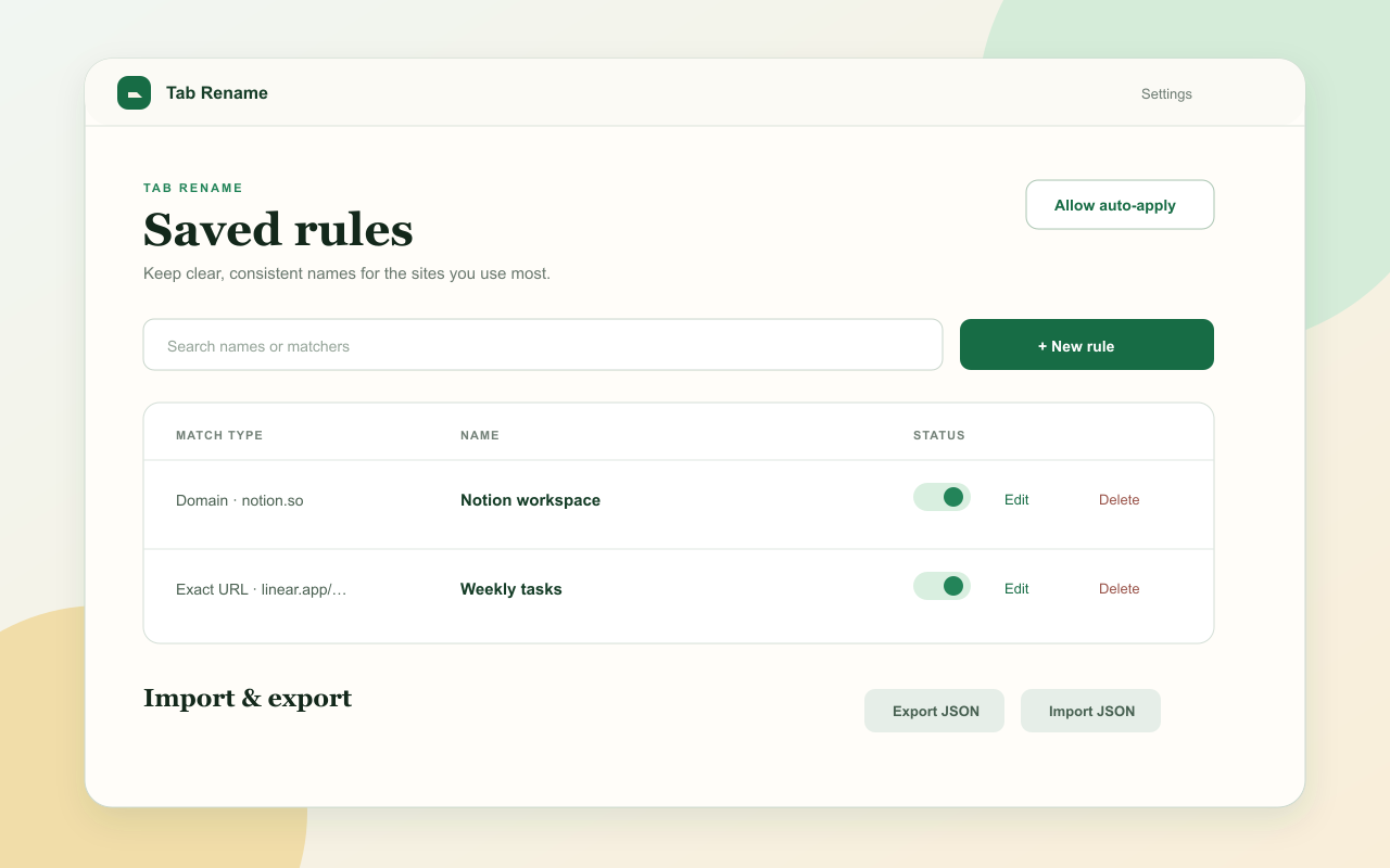 Tab Rename rules management screen